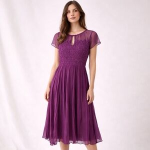 Y2K Expo Smocked Stretch Popcorn Iridescent Midi Dress Sheer Flutter Sleeves L